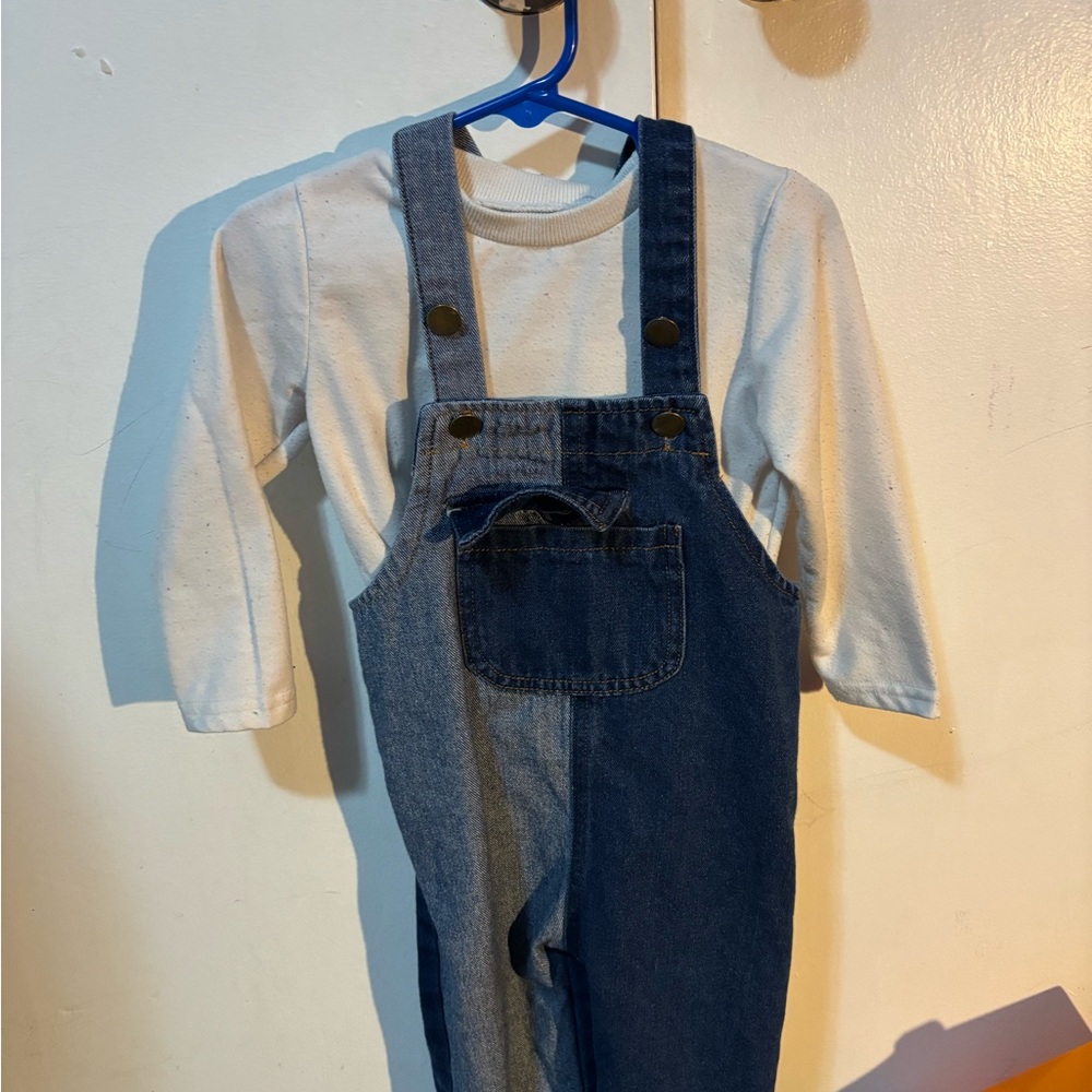 Blue Denim Overalls with White Long Sleeve Shirt